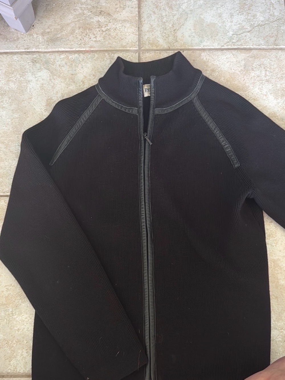 Vintage Pendleton Merino Wool Full-Zip Cardigan with Leather Trim - Black